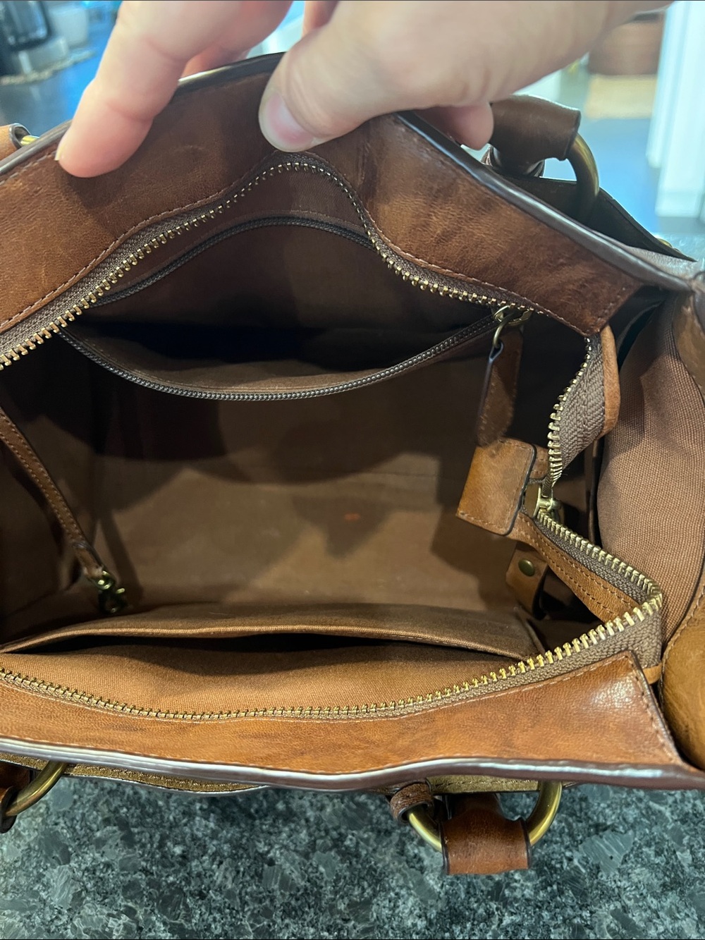 Frye Cognac Brown Leather Satchel with Chain-Leather Strap - Picture 5 of 16